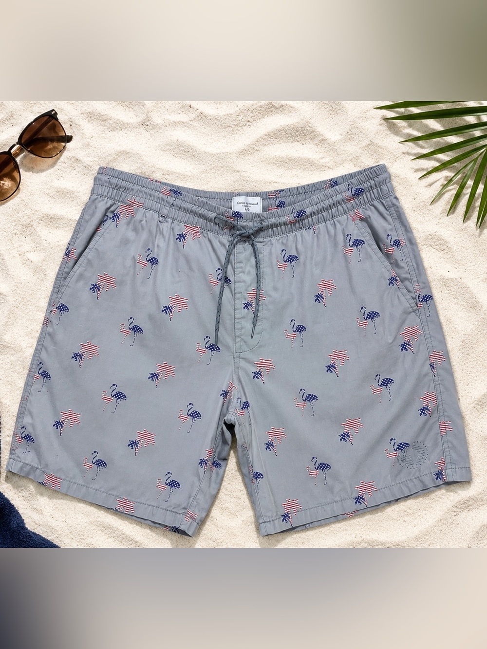 Denim & Flower Men’s Flamingo Patriotic Palm Tree Shorts Size L Gray Drawstring